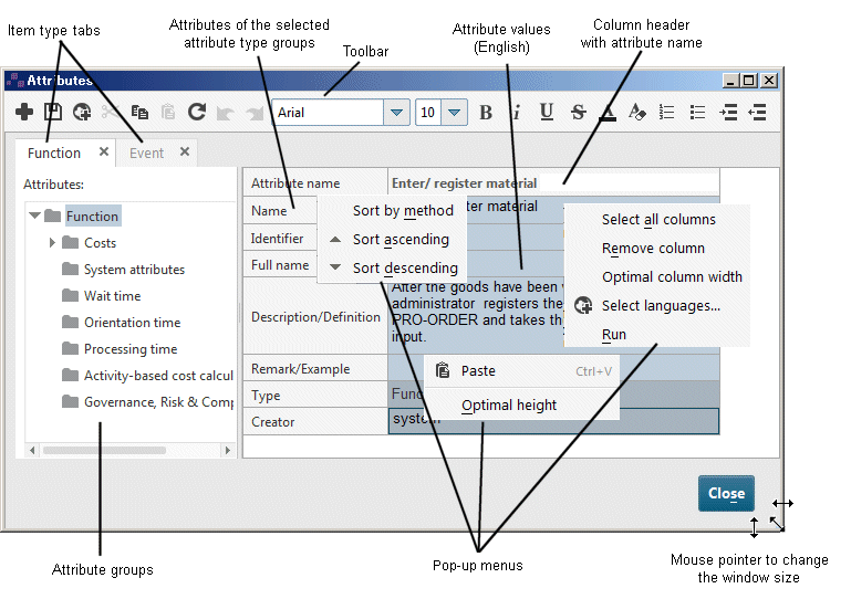 Attributes window